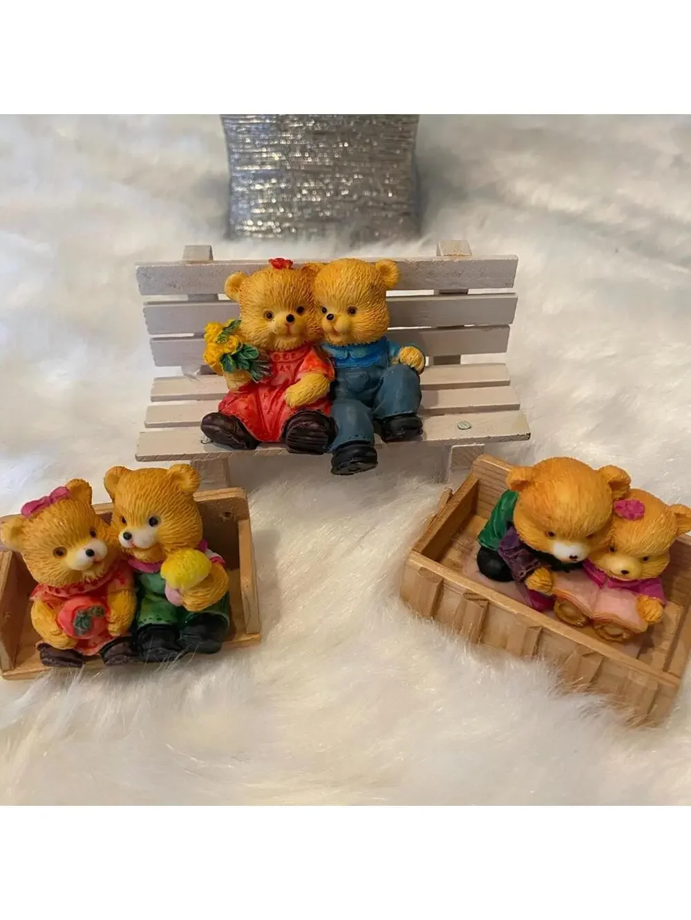 Miniature Bear Figurines on Benches - Set of 3